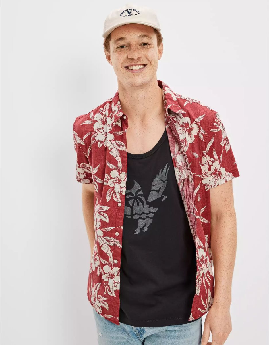 Hauts Flanelle American Eagle AE Tropical Button-Up Resort Shirt Rouge Homme | YBV-22240352